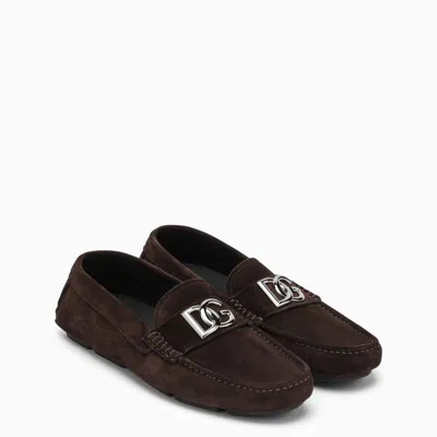 Shop Dolce & Gabbana Men's Brown Suede Moccasins With Logo Band In Blue