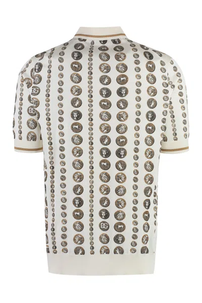 Shop Dolce & Gabbana Men's White Monete All Over Print Silk-knit Polo Shirt