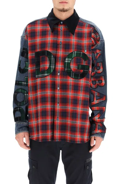 Shop Dolce & Gabbana Oversized Denim And Flannel Shirt With Logo In Red