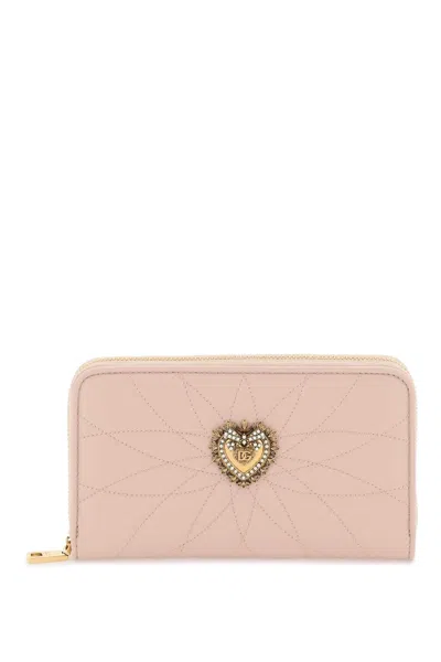 Shop Dolce & Gabbana Pink Quilted Leather Zip-around Wallet With Handmade Sacred Heart And Pearl Detail