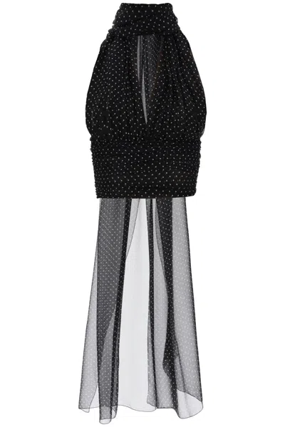 Shop Dolce & Gabbana Elegant Black And White Polka-dot Chiffon Top With Scarf Detail