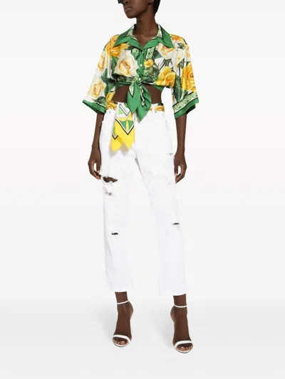 Shop Dolce & Gabbana Rose Print Cropped Silk Shirt With Knotted Detail And Wide Sleeves For Women In Yellow