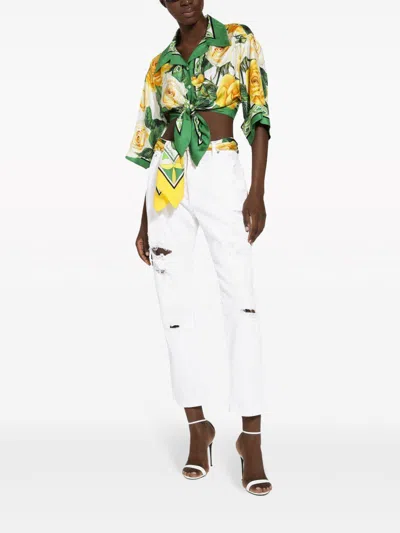 Shop Dolce & Gabbana Rose Print Cropped Silk Shirt With Knotted Detail And Wide Sleeves For Women In Yellow