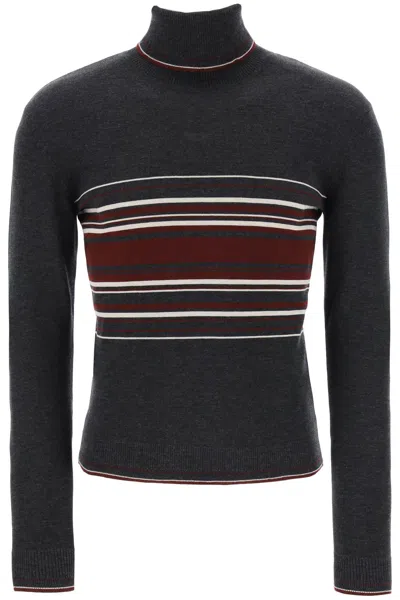 Shop Dolce & Gabbana Striped Wool Turtleneck Sweater In Grey For Men