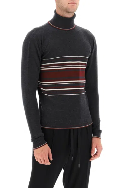 Shop Dolce & Gabbana Striped Wool Turtleneck Sweater In Grey For Men