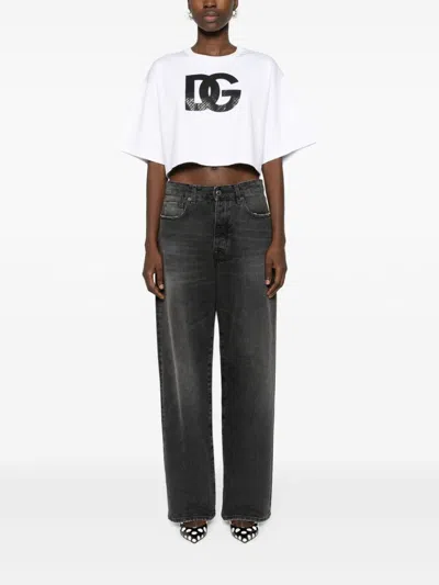 Shop Dolce & Gabbana White Cotton Cropped T-shirt With Drop Shoulder And Logo Print For Women