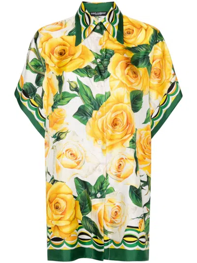 Shop Dolce & Gabbana Dandelion Yellow/multicolour Rose Print Silk Shirt In White
