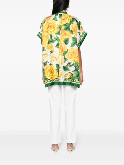 Shop Dolce & Gabbana Women's Dandelion Yellow Printed Silk Shirt In White