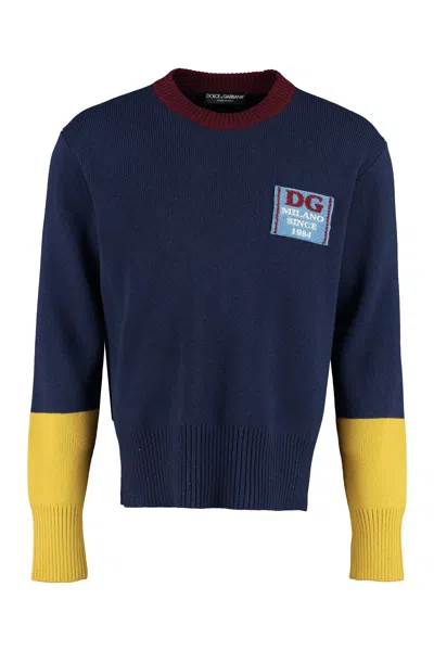 Shop Dolce & Gabbana Wool Sweater With Logo Patch In Blue