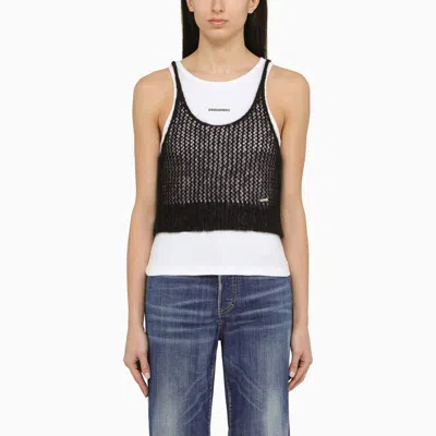 Shop Dsquared2 Black Perforated Mohair Blend Crew Neck Top