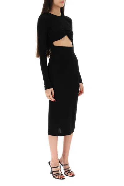 Shop Dsquared2 Fitted Black Midi Dress With Front Cut-out And Gathered Detail