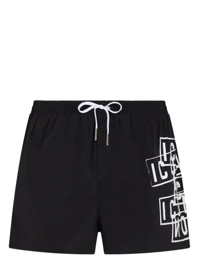 Shop Dsquared2 Men's Stretch Black And White Swim Shorts With Logo Print