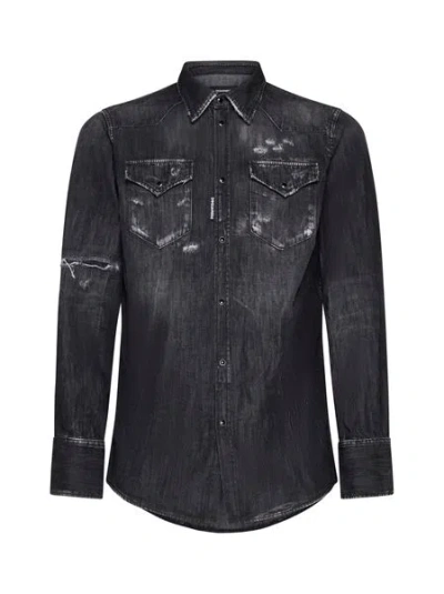 Shop Dsquared2 Men's Distressed Long-sleeved Denim Shirt In Black