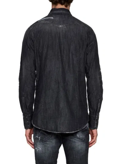 Shop Dsquared2 Men's Distressed Long-sleeved Denim Shirt In Black