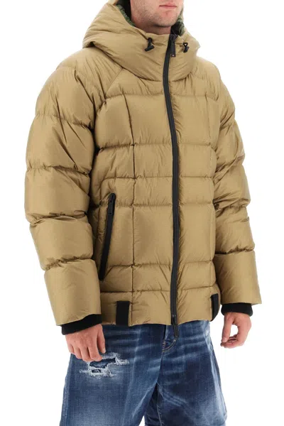 Shop Dsquared2 Men's Quilted Hooded Down Jacket In Distinguished Logo Print In Beige