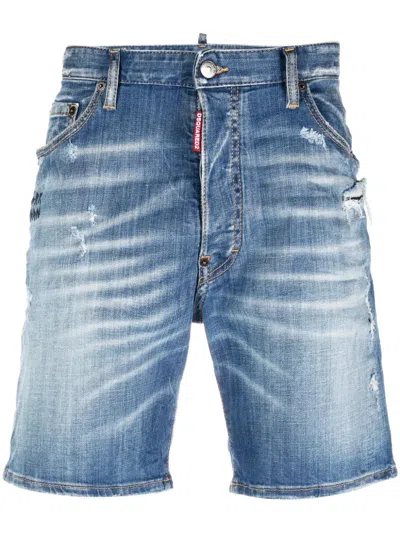 Shop Dsquared2 Navy Blue Mid-wash Denim Shorts For Men