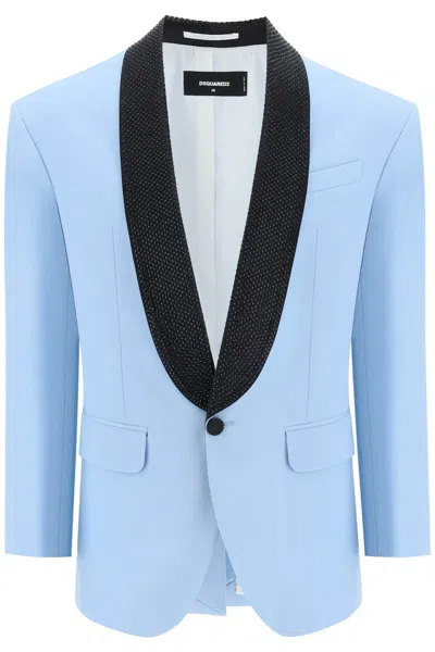 Shop Dsquared2 Vintage-inspired Wool Blazer With Contrast Silk Satin Lapels For Men In Light Blue