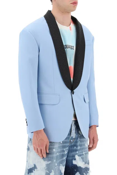 Shop Dsquared2 Vintage-inspired Wool Blazer With Contrast Silk Satin Lapels For Men In Light Blue