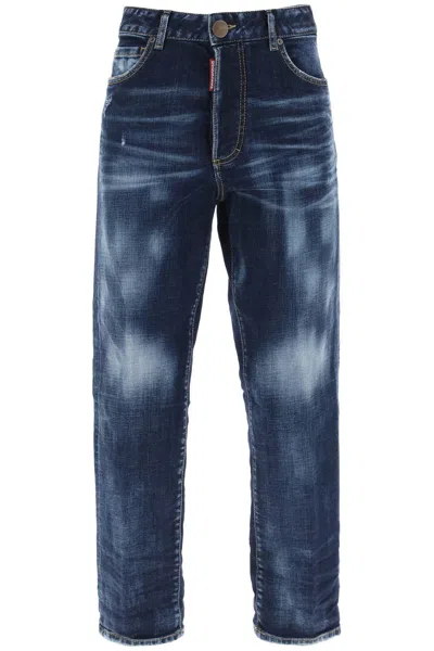Shop Dsquared2 Women's Blue Cropped Jeans With Destroyed Detailing And Canadian Flag Patch