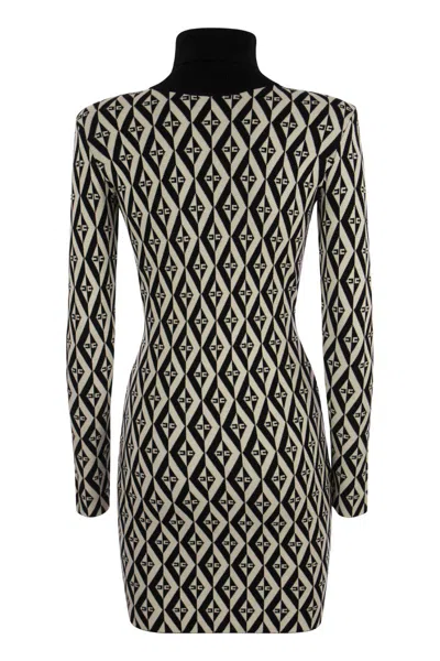 Shop Elisabetta Franchi Black And Butter Knit Turtleneck Dress With Diamond Pattern And Long Sleeves