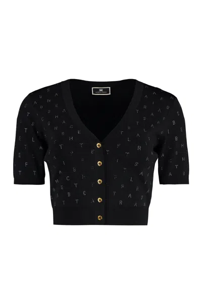 Shop Elisabetta Franchi Black Viscose-blend Cardigan With Rhinestone Details And Cropped-length For Women