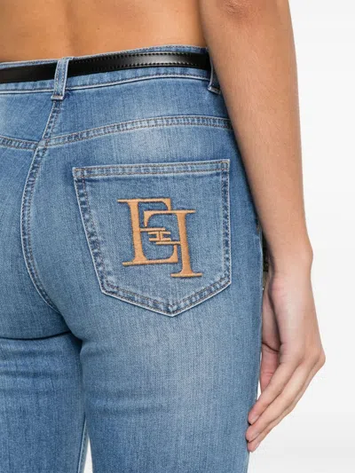 Shop Elisabetta Franchi Embroidered Monogram Bootcut Jeans In Blue