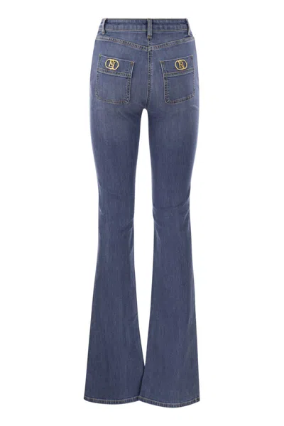 Shop Elisabetta Franchi Navy Flared Stretch Cotton Jeans With Gold Logo Plaques And Buttons
