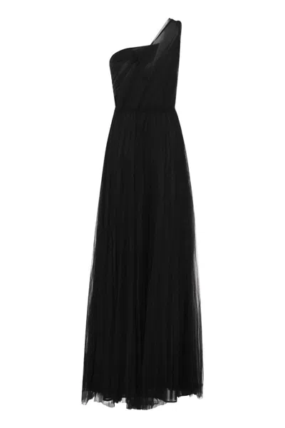 Shop Elisabetta Franchi One-shoulder Tulle Red Carpet Dress In Black