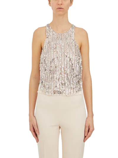 Shop Elisabetta Franchi Sequin Tank Top With Tulle Lining And Matching Buttons In Gray