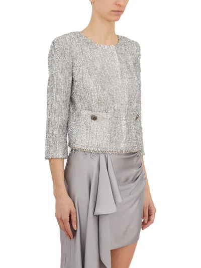 Shop Elisabetta Franchi Women's Gray Lurex Tweed Jacket With Silver Metal Buttons And Rhinestone Accessories