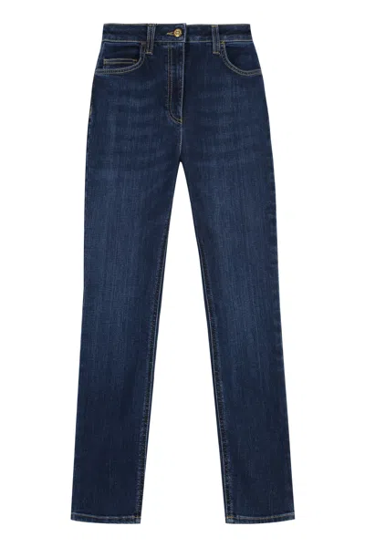 Shop Elisabetta Franchi Women's 5-pocket Skinny Jeans With Contrast Stitching In Blue