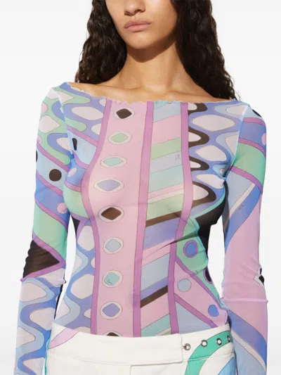 Shop Emilio Pucci Printed Tulle T-shirt In Rose Pink And Multicolour Geometric Print For Women In Clear Blue
