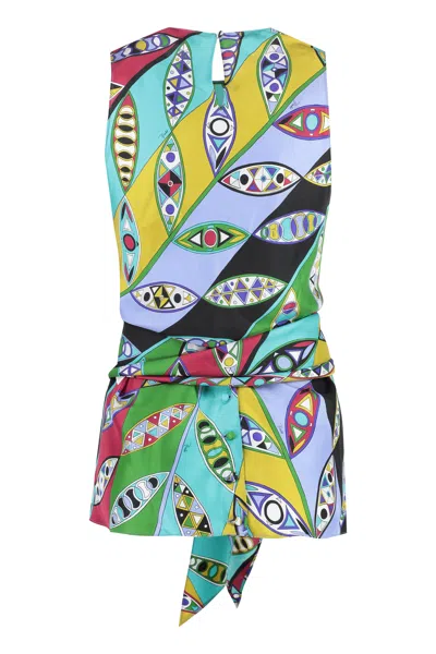 Shop Emilio Pucci Multicolor Printed Silk Top With Draped Back And Bow Fastening For Women