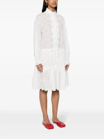 Shop Ermanno Scervino Floral Embroidered Scalloped Collar Cotton Dress In White