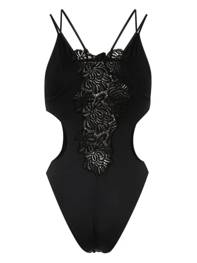Shop Ermanno Scervino Lace Detail Swimsuit In Black