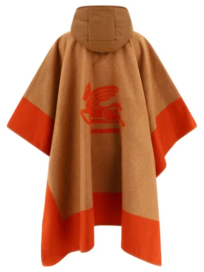 Shop Etro Beige Hooded Cape For Women With Pegasus Logo For Fw23