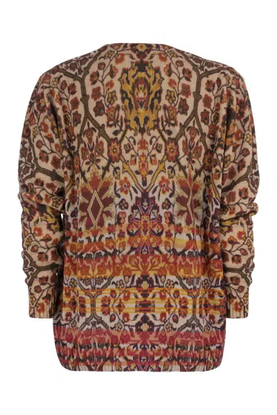 Shop Etro Carded Virgin Wool Sweater With Placed Floral Print In Beige