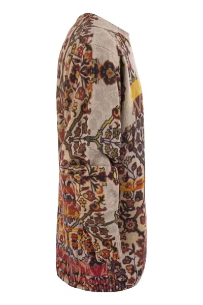 Shop Etro Carded Virgin Wool Sweater With Placed Floral Print In Beige