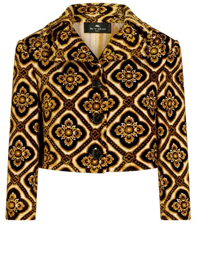Shop Etro Elegant Velvet Cropped Jacket With Medallion Patterns For Women In Brown