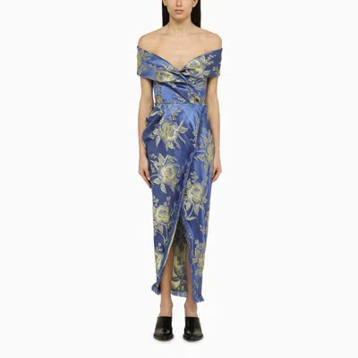 Shop Etro Floral Cocktail Dress With Open Shoulders And Draped Skirt In Multicolor