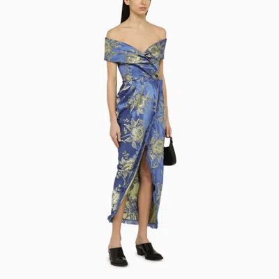 Shop Etro Floral Cocktail Dress With Open Shoulders And Draped Skirt In Multicolor