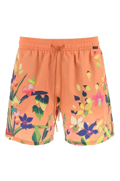 Shop Etro Floral Print Swimtrunks For Men In Orange