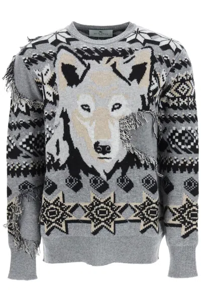 Shop Etro Men's Wool Jacquard Jumper In Grey With Wolf Embellishment And Geometric Patterns