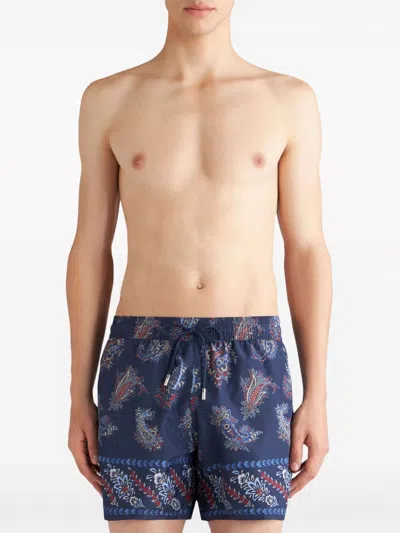 Shop Etro Navy Blue Paisley Print Swim Trunks For Men