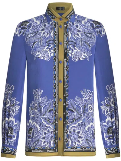 Shop Etro Blue Floral Print Silk Shirt For Women Ss24