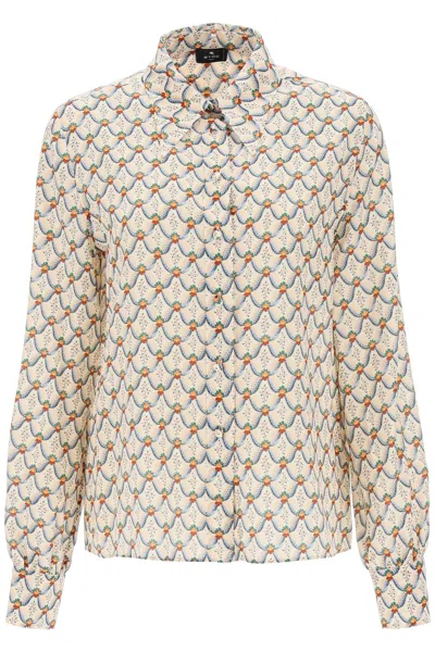 Shop Etro Women's Floral-print Silk Shirt With Italian Collar And Puff Sleeves In Beige