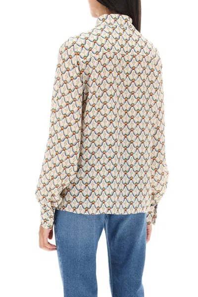 Shop Etro Women's Floral-print Silk Shirt With Italian Collar And Puff Sleeves In Beige
