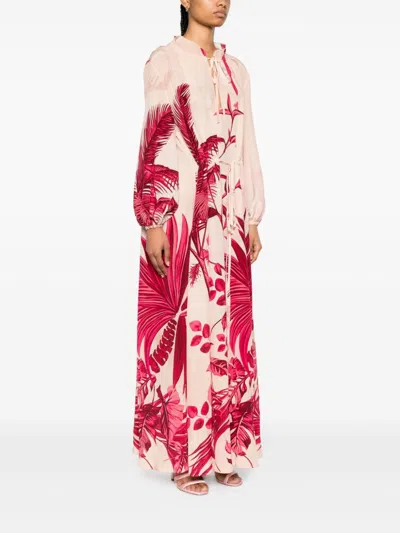 Shop F.r.s For Restless Sleepers Floral Printed Silk Long Dress With Puff Sleeves And Tie Neck For Women In Pink