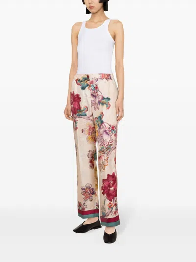 Shop F.r.s For Restless Sleepers Silk Floral Print Trousers In Light Blue For Women In Pink