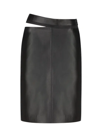 Shop Fendi Premium Black Leather Skirt With Unique Cut-out Detail And Slit Hem For Women
